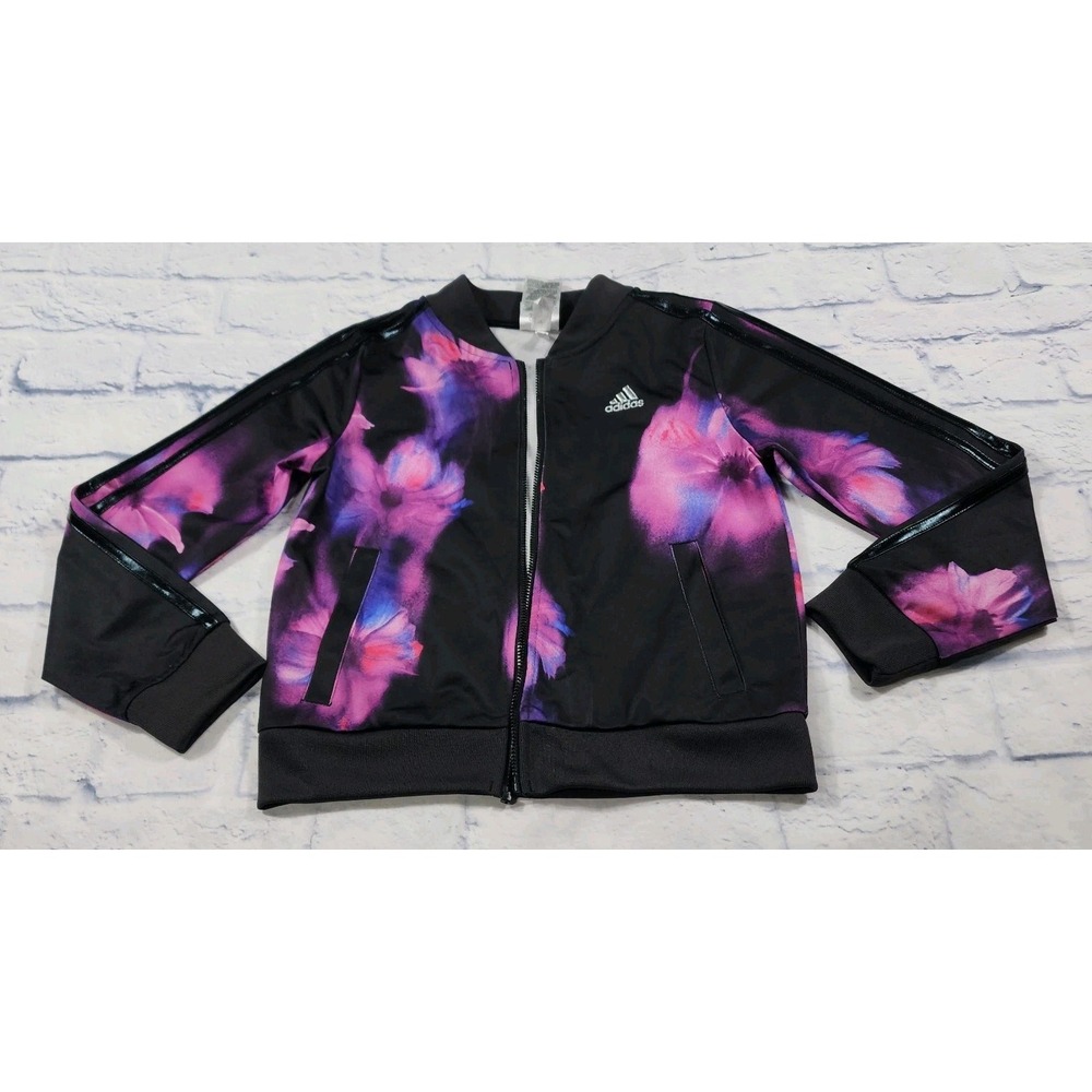 Adidas GIRLS SIZE S 6-7 Black Pink Floral Track Jacket Full Zip